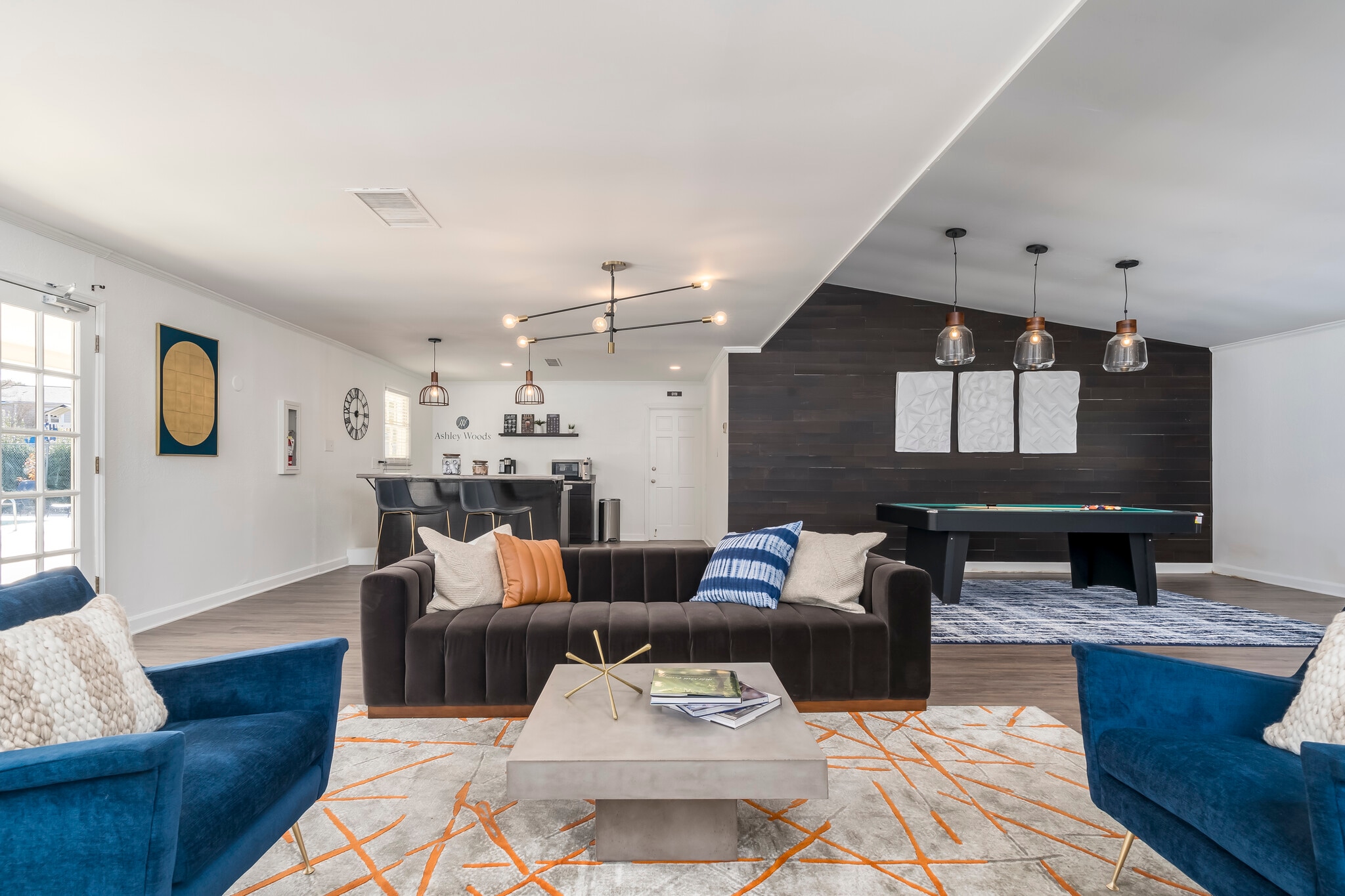 ashley woods clubhouse 2 with pool table lounge and mini kitchen view